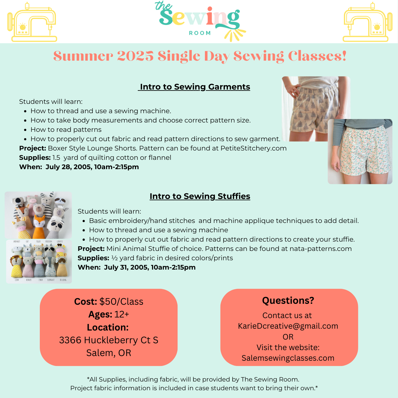 SUMMER One Day Sewing Classes