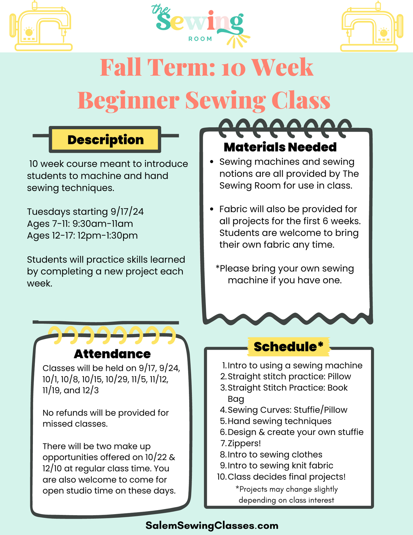 Fall Term 10 Week Beginner Sewing Course